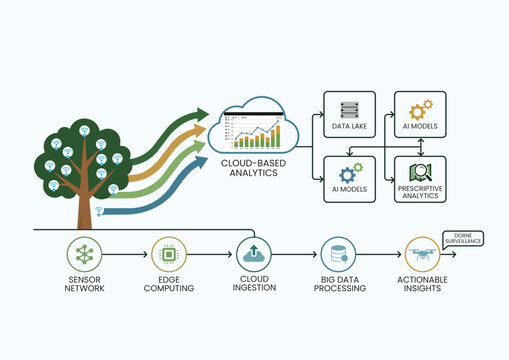 Smart agriculture and forestry system with sensor network, edge computing, cloud ingestion, big data processing, AI models, and drone surveillance for actionable insights.