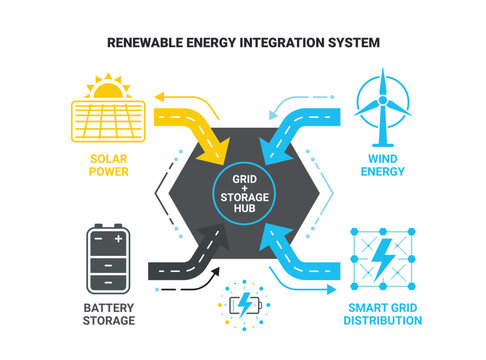 Renewable energy integration system diagram featuring solar wind power battery storage and smart grid distribution.