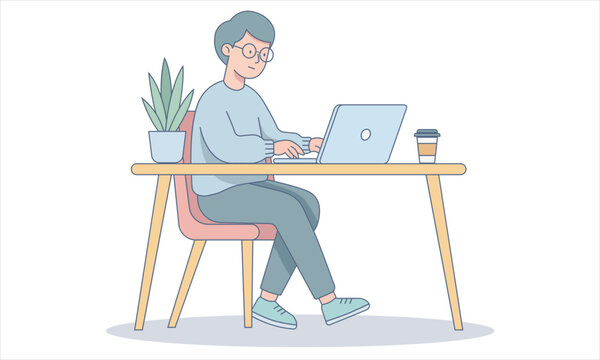 Young person working on laptop computer at desk with potted plant and coffee cup illustration.