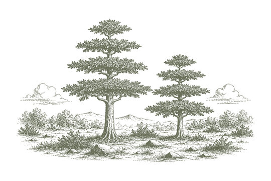 Decorative cedar tree engraving vector illustration set with detailed botanical line art landscape for vintage natural graphic resources