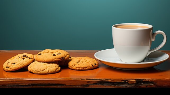 Crisp chocolate chip cookies rest on an orange wooden table near a porcelain cup of tea product mockup design