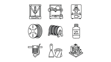 Fototapeta premium Vector Icon Set of 3D Printing Technology and Additive Manufacturing Equipment Featuring Cartesian and Delta Printers, Filament Spools, UV Resin, Extruder, and Prototyping Tools in Outline Style