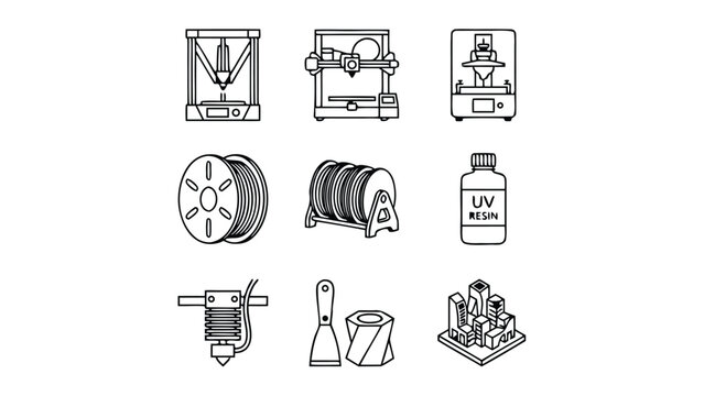 Vector Icon Set of 3D Printing Technology and Additive Manufacturing Equipment Featuring Cartesian and Delta Printers, Filament Spools, UV Resin, Extruder, and Prototyping Tools in Outline Style