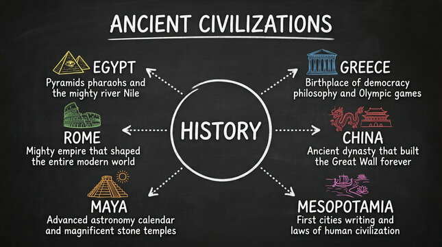 Ancient civilizations history mind map on blackboard, educational world history infographic, hand drawn historical timeline with icons