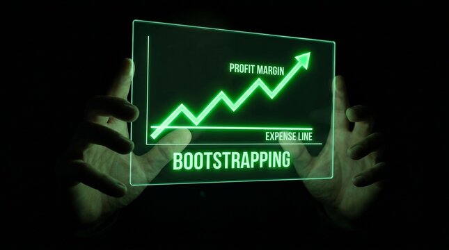 Businessman Holding Futuristic Hologram Screen Showing Bootstrapping Financial Growth Chart.