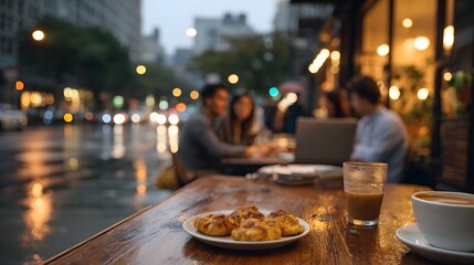 Fototapeta premium A warm atmospheric view of a restaurant table set with food and a drink against a blurred city backdrop