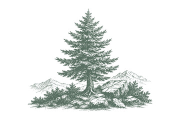 Obraz premium Evergreen pine tree engraving vector illustration with detailed botanical line art mountain scenery for vintage graphic resources