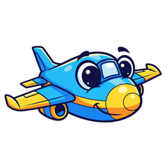 Naklejka premium Cartoon Airplane Illustration - Blue and Yellow Flying Plane with a Smiling Face