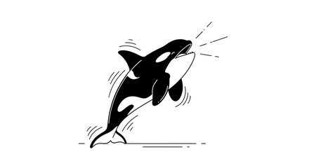 Naklejka premium Orca Killer Whale Jumping and Spraying Water, Black and White Line Art Illustration