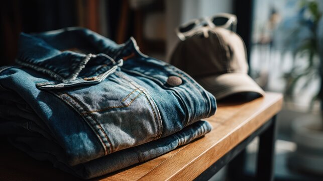 A denim jacket neatly folded on a wooden table, alongside a cap and sunglasses