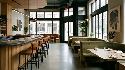 Modern Restaurant Interior Featuring Stylish Bar Seating Area