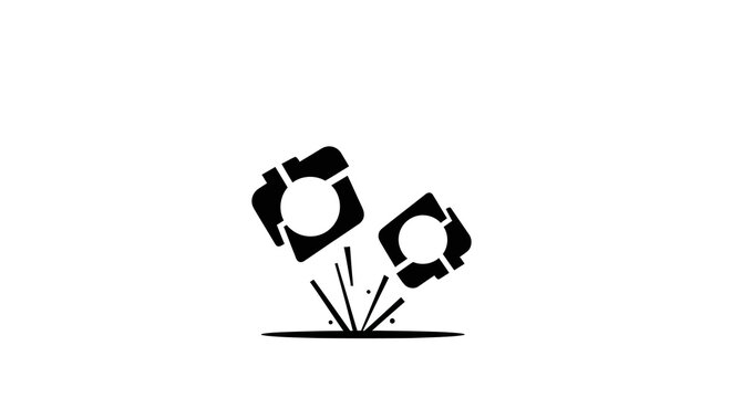 Two cameras falling down, graphic, isolated on white background, vector icon.