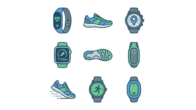 Professional Vector Set of 9 Fitness Tracker and Running Shoe Icons. Clean Geometric Style Featuring Smartwatches, Heart Rate Monitors, GPS Navigation, Step Counters, and Athletic Footwear for