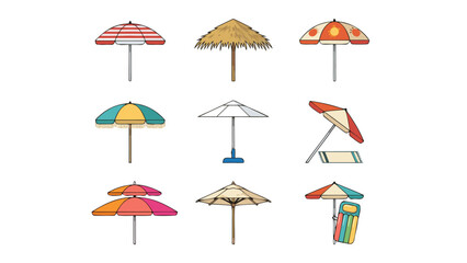 Obraz premium Set of 9 Unique Beach Umbrella Icons for Summer Vacation and Travel Graphics, Featuring Various Styles Like Tiki, Striped, and Fringed, Flat Design Vector Illustration for Holiday and Leisure.