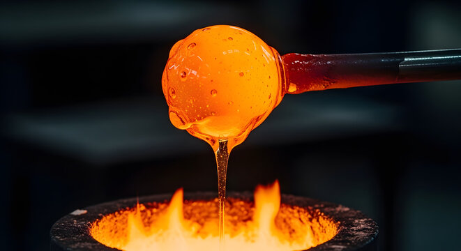 Molten glass dripping from a blowpipe into a crucible, glowing orange with heat