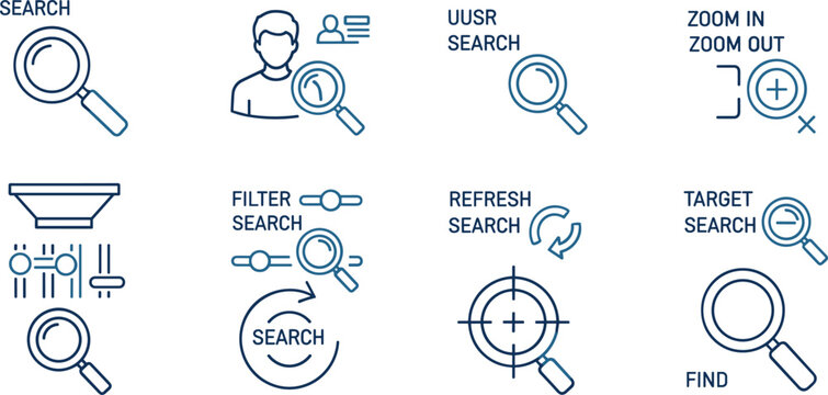 Set of diverse search icons and graphical interface buttons for web application design in flat blue linear style.