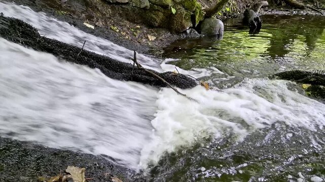 Water Rushing over Rocky Weir into Foamy Pool near Aarhus, Denmark
