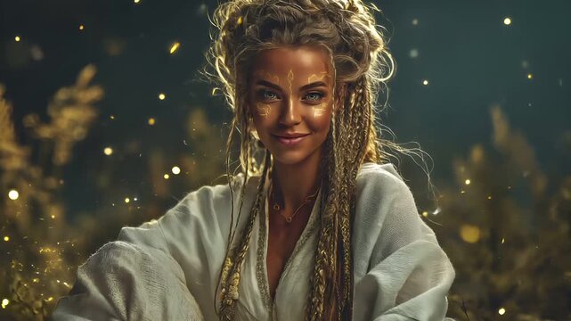 Fantasy wallpaper. A vivid portrayal of a woman with a regal aura, set against a backdrop of golden sparkles. Her hair is intricately braided, cascading down her back, and she wears a white.