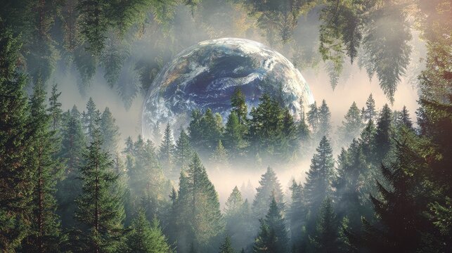 NatureProtection atmospheric sphere centered within vibrant treescape revealing environmental responsibility and global restoration focus on planetary care theme ethereal Overlay mist covered wilderne