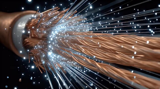 Copper electrical cable sparking with blue energy in a cinematic macro shot for technology infrastructure marketing