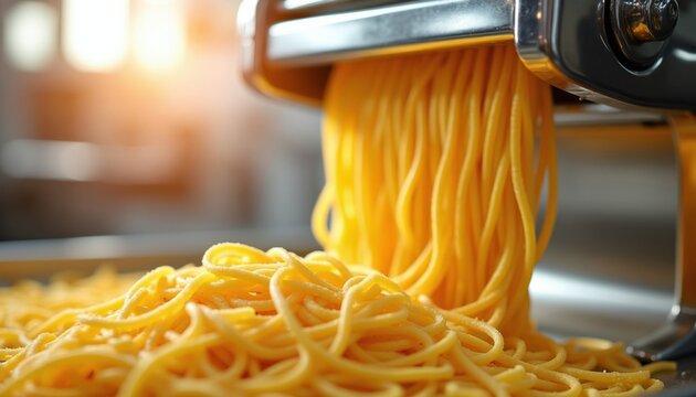 Yellow pasta strands extrude from metal machine into pile. Fresh noodles form long thin strings for cooking. Food production in kitchen at factory.