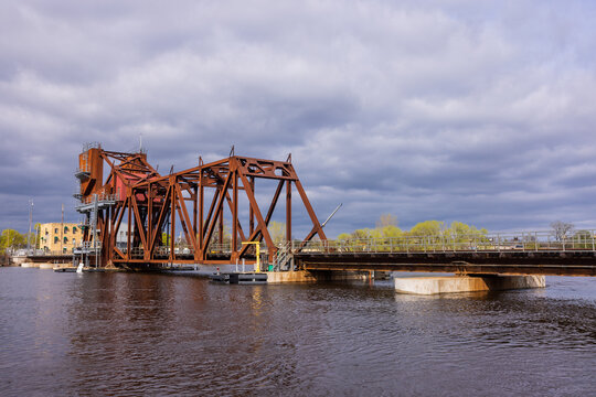 A Railroad Bascule Drawbridge Crossing A River