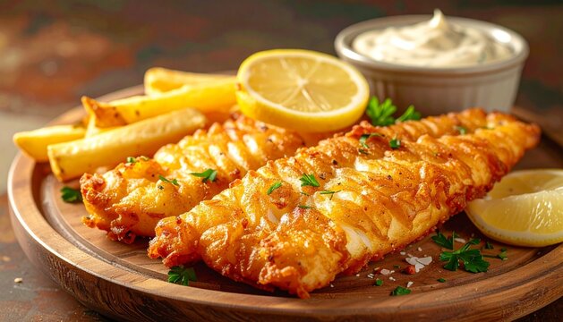 Golden brown fish fillets sit atop a bed of crispy fries