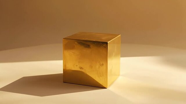 A single metallic gold cube sits on a smooth surface