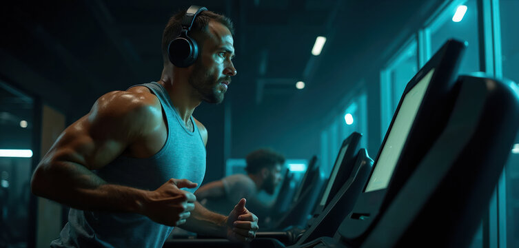 Muscular man runs on treadmill in gym wearing headphones. Person trains hard on machine, doing cardio workout, gaining energy and strength for healthy lifestyle goals.