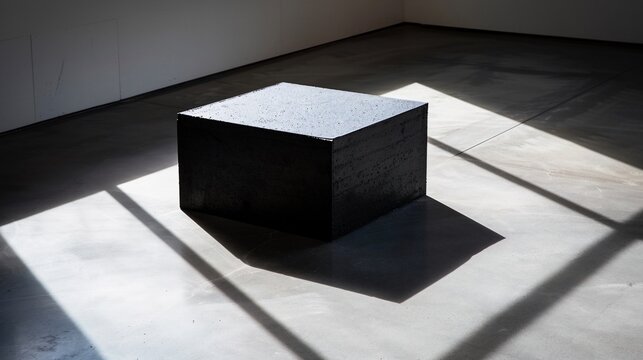 A dark cube sits on a concrete floor, casting a strong shadow in bright light