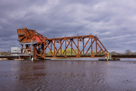 A Railroad Bascule Drawbridge Crossing A River