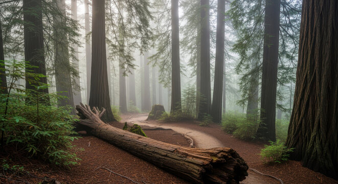 A serene, misty forest trail winding through towering, ancient redwood trees with a fallen log on the left side and lush greenery on both sides.