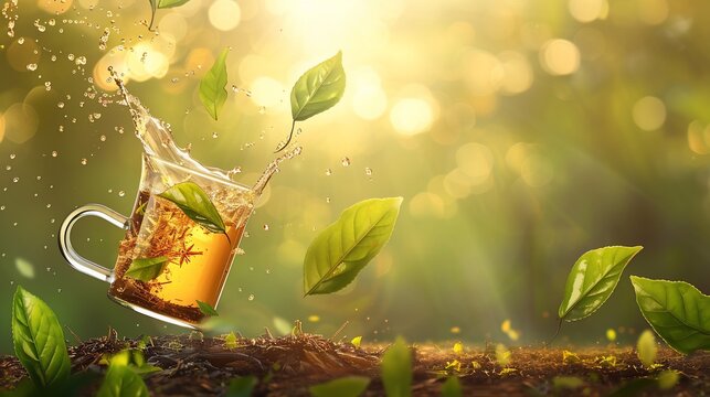A teacup overflows with tea and leaves, sparkling with light in a bright, natural setting