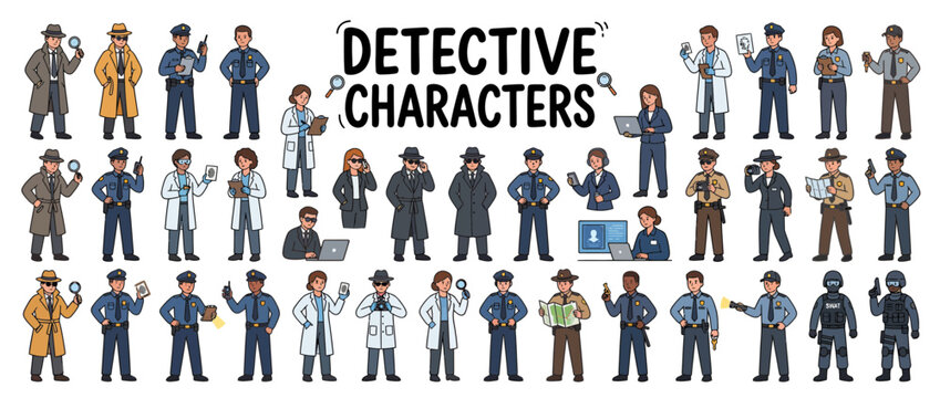 Illustrations of various detective characters.