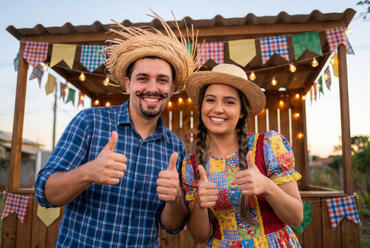 brazilian couple, clothes from festa junina, arraial, festa de s&atilde;o jo&atilde;o. boyfriend and girlfriend. Celebrating.