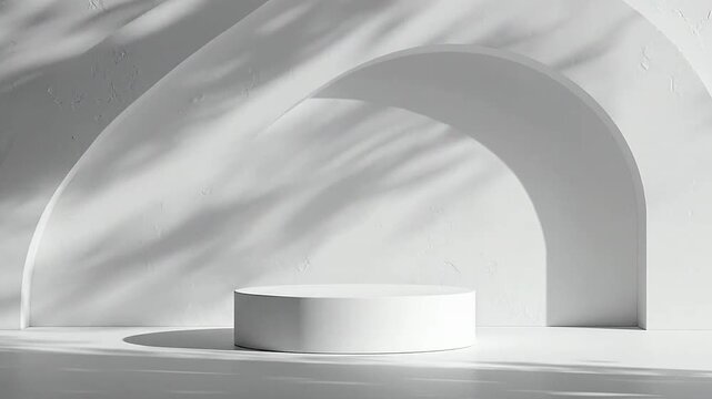 A white circular podium stands before a curved wall structure