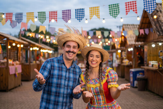 brazilian couple, clothes from festa junina, arraial, festa de s&atilde;o jo&atilde;o. boyfriend and girlfriend. Celebrating.