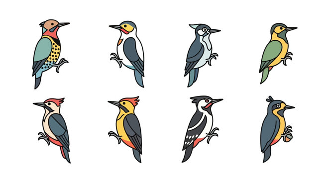 Set of various colorful woodpeckers in different poses on white background