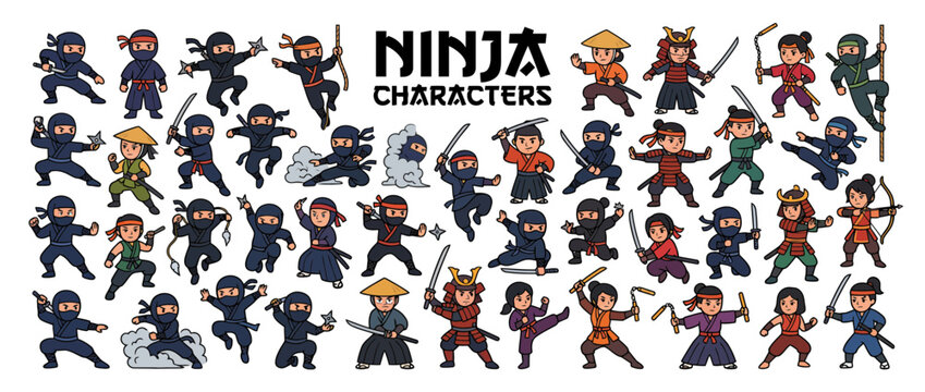 Collection of diverse ninja cartoon characters.