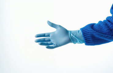 Obraz premium Blue surgical glove on hand with blue knitted sleeve. Hand gestures isolated on white background, copy space for text. Safety and protection concept.
