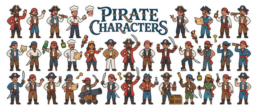 Collection of diverse cartoon pirate characters.