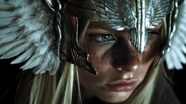 Fantasy wallpaper. A closeup portrait of a female warrior or warrior, captured in a dramatic and intense style. She wears a metallic headdress with intricate silver and white feathers.