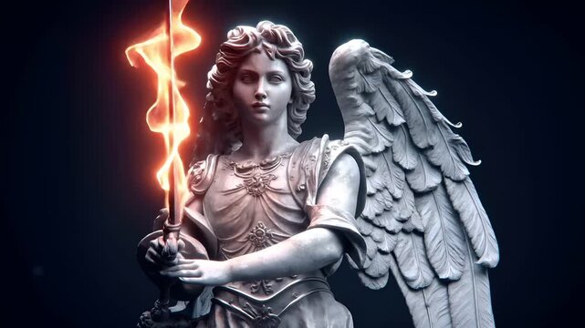 Fantasy wallpaper. A detailed, dark, and atmospheric portrayal of an angelic figure. The angel is depicted in a side profile, holding a flaming sword in one hand and a shield in the other.