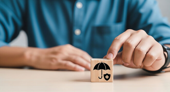 Insurance Protection Concept: A man's hand places a wooden cube with the symbols of an umbrella and a medical cross.