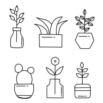 Minimal Houseplant Icon Collection with Cute Potted Plants, Botanical Decor Elements and Modern Flat Vector Illustrations black and white 
