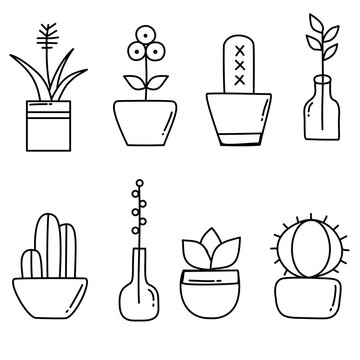 Minimal Houseplant Icon Collection with Cute Potted Plants, Botanical Decor Elements and Modern Flat Vector Illustrations black and white 