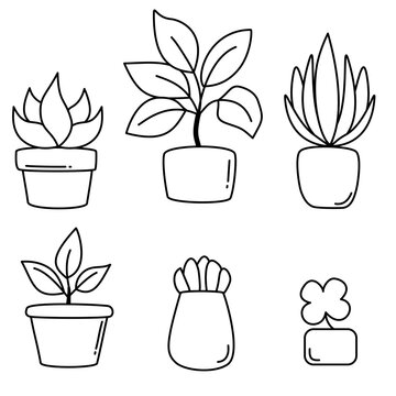 Minimal Houseplant Icon Collection with Cute Potted Plants, Botanical Decor Elements and Modern Flat Vector Illustrations black and white 