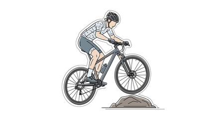 Fototapeta premium Mountain biker jumping over rock obstacle on trail, action shot, outdoor sport