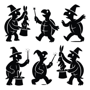 Cute cartoon magician turtle silhouette vector set, funny magician tortoise character pulling rabbit out of top hat and holding magic wand illustration.