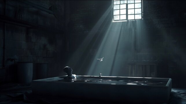 An abstract figure relaxes in a tub, illuminated by sunbeams in a dark, aged room